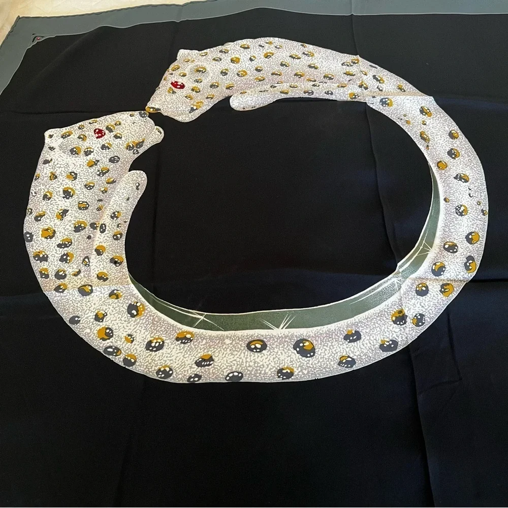 Cartier Jeweled Panther Silk Scarf Black Twill, with Box Vintage 1980s